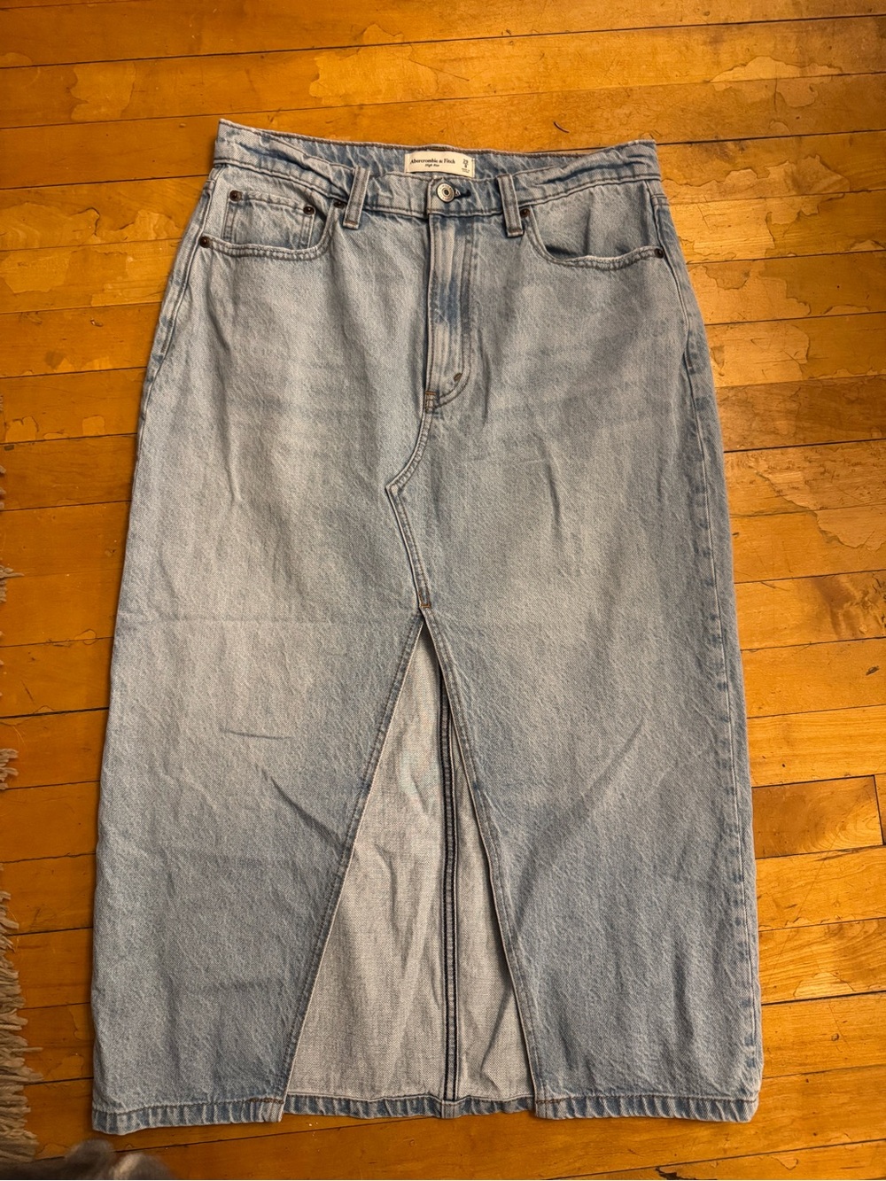 Abercrombie & Fitch Light Wash Denim Midi Skirt with Front Slit